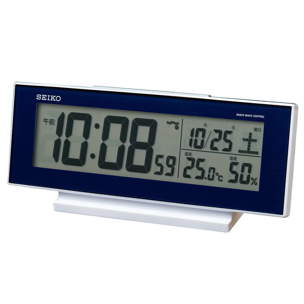 

Seiko Clock Alarm Digital Temperature and Humidity Night Dark Blue Metallic SQ762L, Always-On Radio-Controlled Clock, Calendar, Display, Visibility, темно-синий