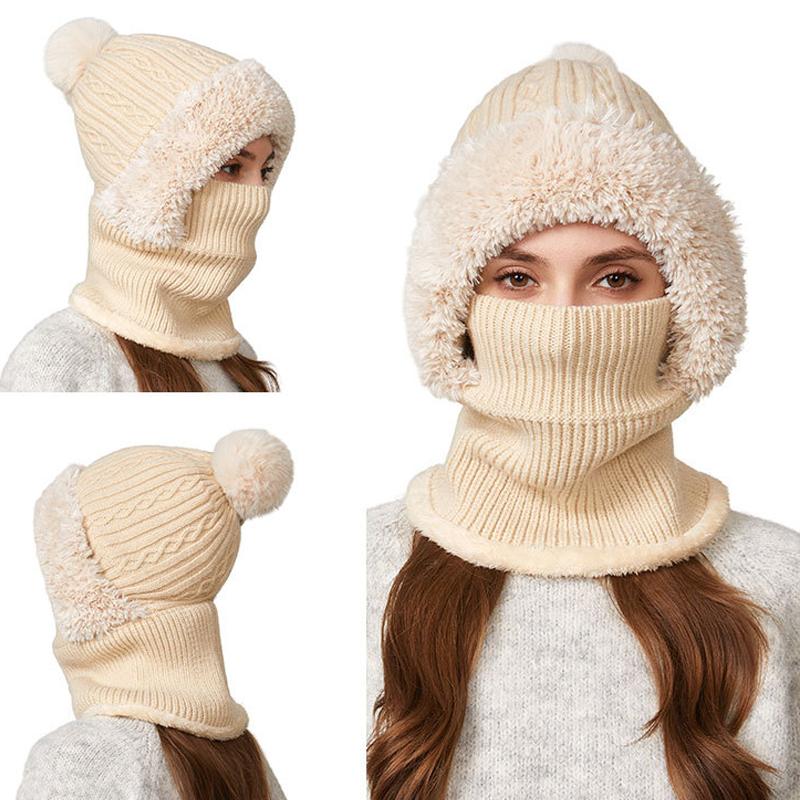 High Stretch Solid Color Knitted Mask Scarf All-In-One Hat Women's Winter Cycling Windproof Warm Hat