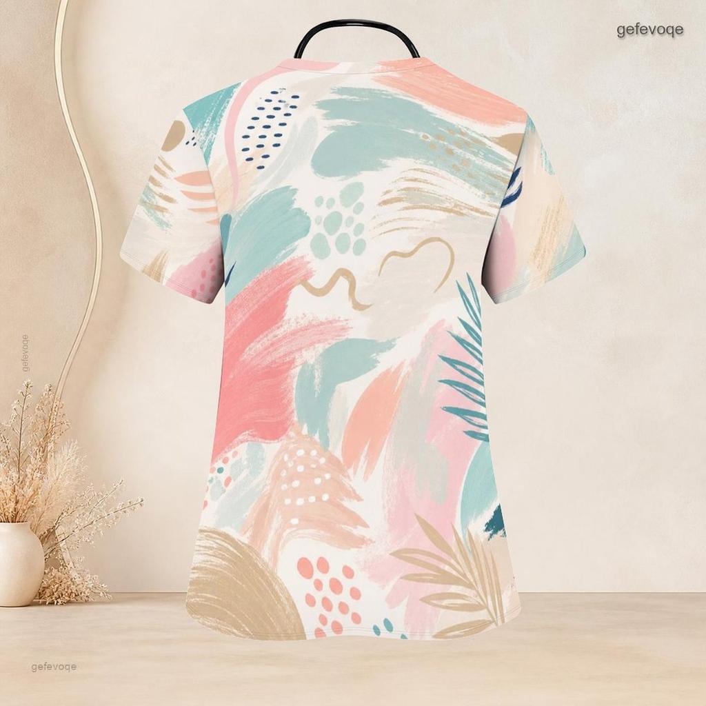 Women Plus Size Geometric Printed Nurse Scrub Top V Neck Short Sleeve With Front Pockets