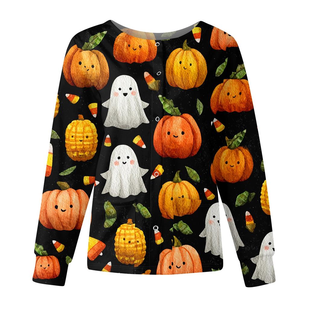 Women's Casual Fashion Long Sleeve Standing Collar Single Breasted Halloween Printed Workwear Jacket Tops