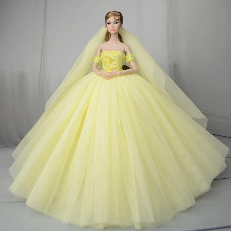 Elegant Boat Neck Collar Wedding Dress Tutu Dress Evening Long Dress for 30cm Dolls