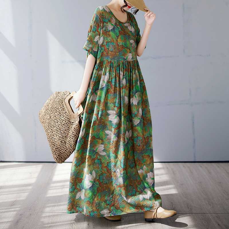 Fashionable Long Skirt Summer Short Sleeved Round Neck Printed Dress
