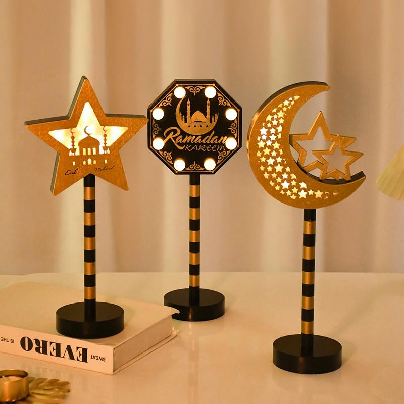 Eid Mubarak Mond Stern Lampe Holz Ornament 2025 Ramadan Kareem Heim Tisch Dekoration LED Licht Laterne Islamische Muslimische Party Geschenk