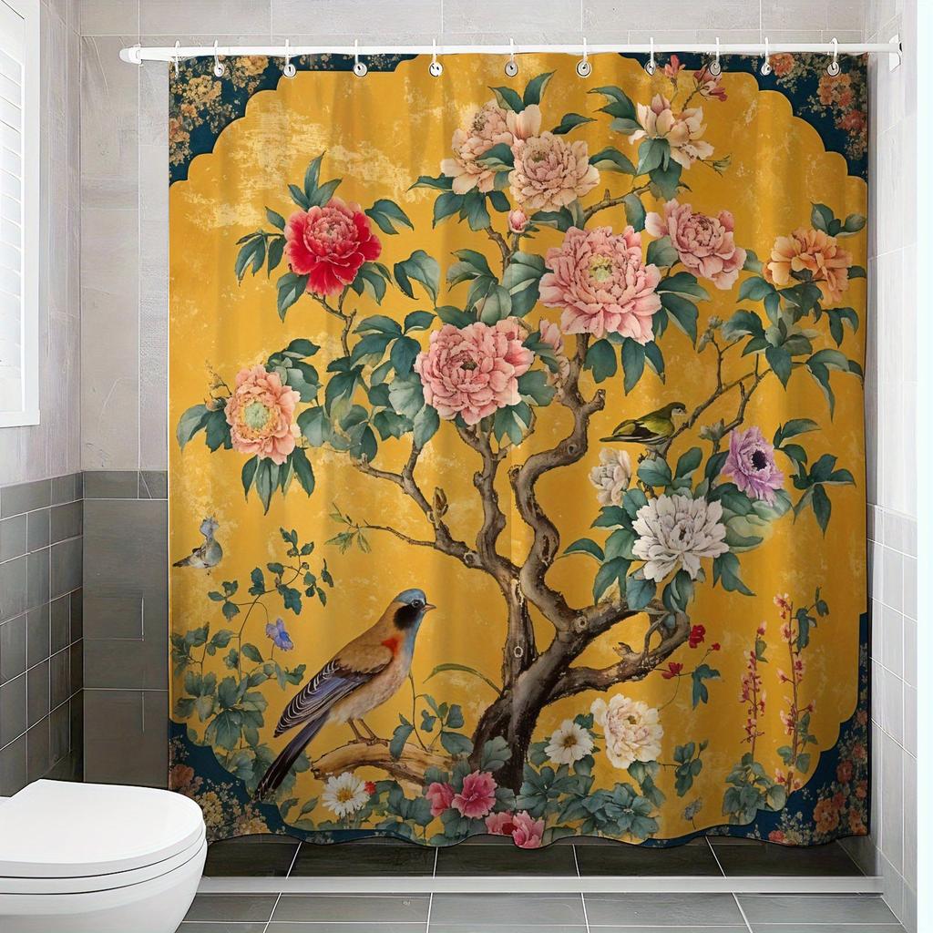 Waterproof Shower Curtain with Elegant Peony Flowers and Birds On a Vibrant Yellow Background for a Luxurious Bathroom Decor