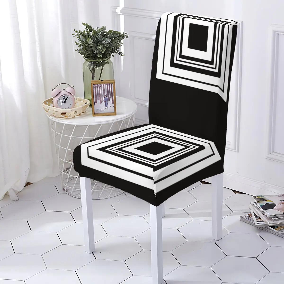 Zwart-wit Geometrische Spandex Stoelhoes Elastische Eetkamer Sliphoes Rekbare Stoelbeschermer Voor Keuken 1PCS