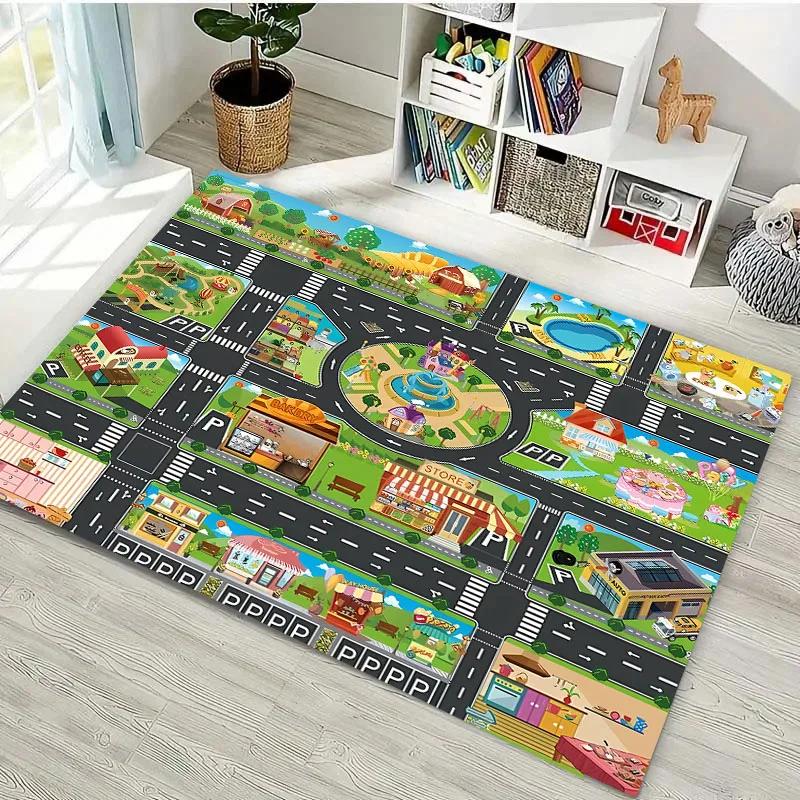 3D-Druck Kinderspielmatte Stadtverkehrskarte Großer Flächenteppich Teppich für Wohnzimmer Schlafzimmer Kinder Spielen Rutschfeste Bodendekormatte Geschenk