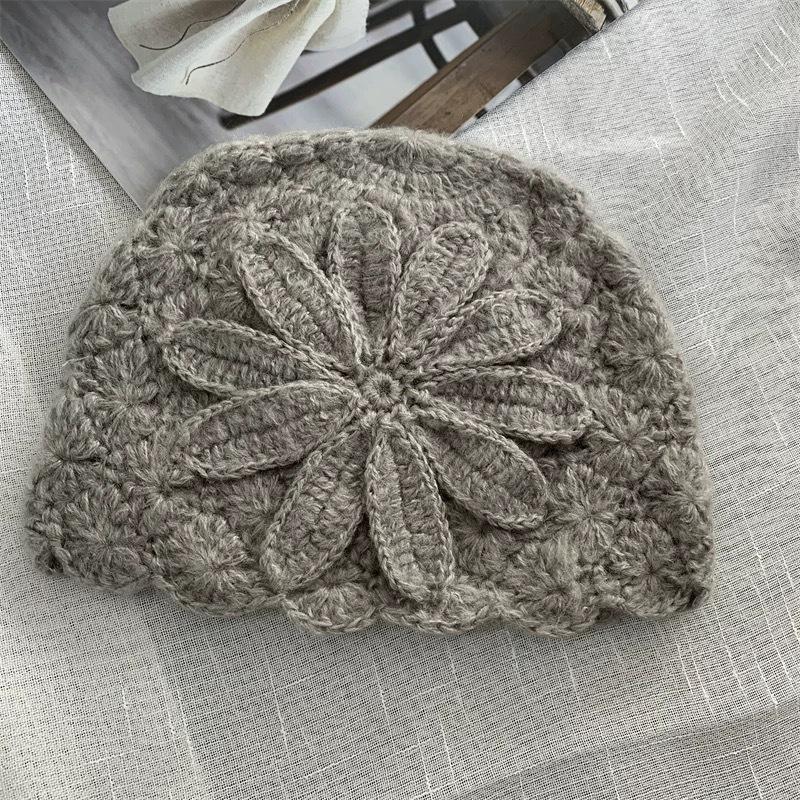 Handmade Crochet Wool Hat Women's Autumn and Winter Flowers Hollow Temperament Versatile Warm Face Small Knitted Hat