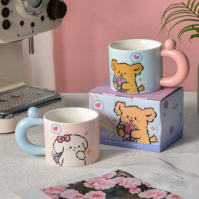 Line Flowers Puppy Mug Couple Ceramic Cup Cute Coffee Cup Girls Birthday Gift Souvenir
