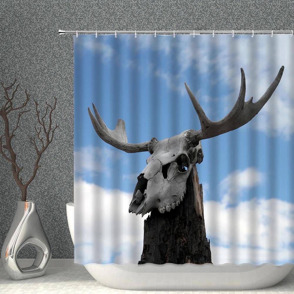 Animals Landscape Shower Curtain Set Wild Elk Forest Trees Green Plants Grassland Home bathroom Decor Hanging curtains Washable
