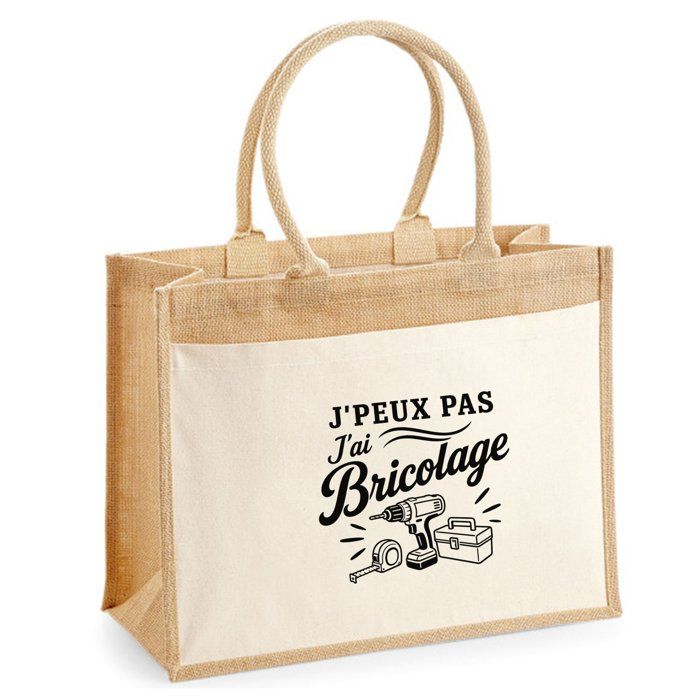Sac Cabas Jute avec Poche J’peux pas j’ai Bricolage J'peux pas minimaliste | Toile de Jute et Coton 21 L Fond Plat Anses 65 cm