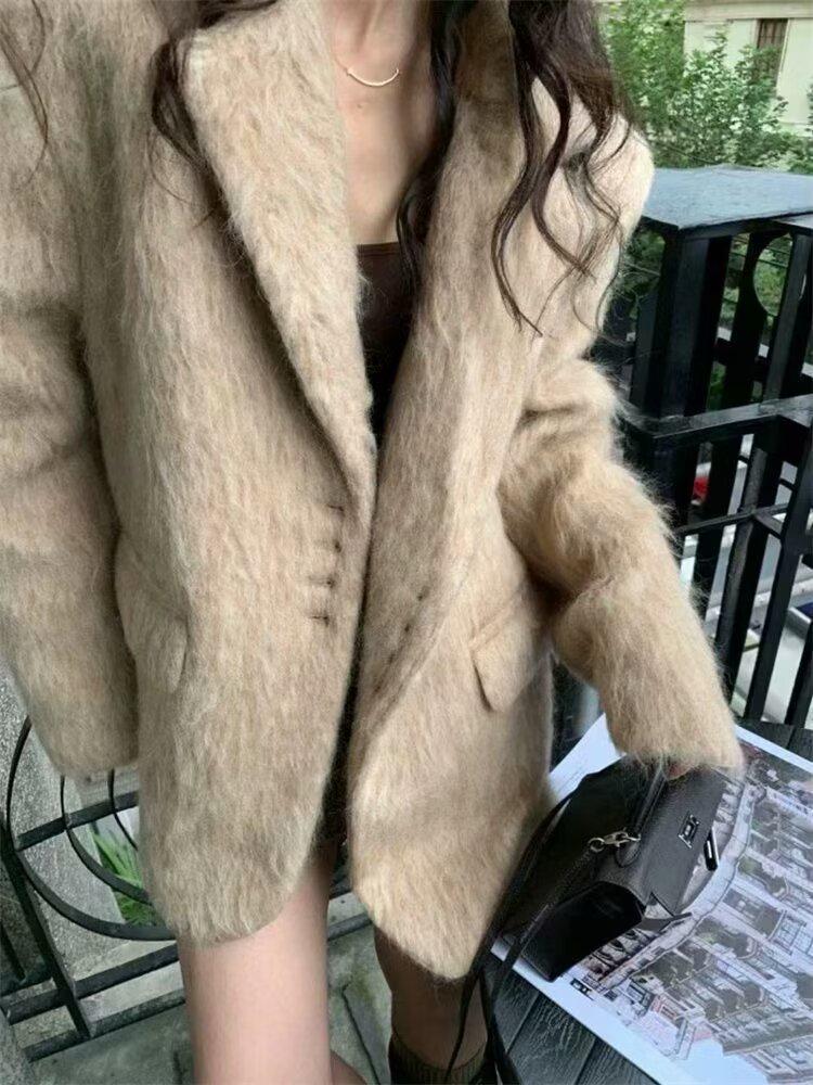 2024 Rose Pink Long-Haired Suit Jacket: European American Women's Street Fashion