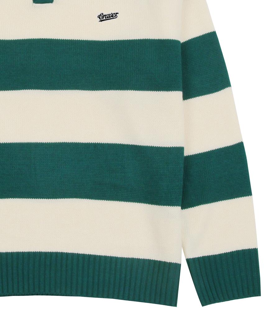 GRAVER [Unisex] Baseball Logo Embroidered Striped Collar Knit_Green