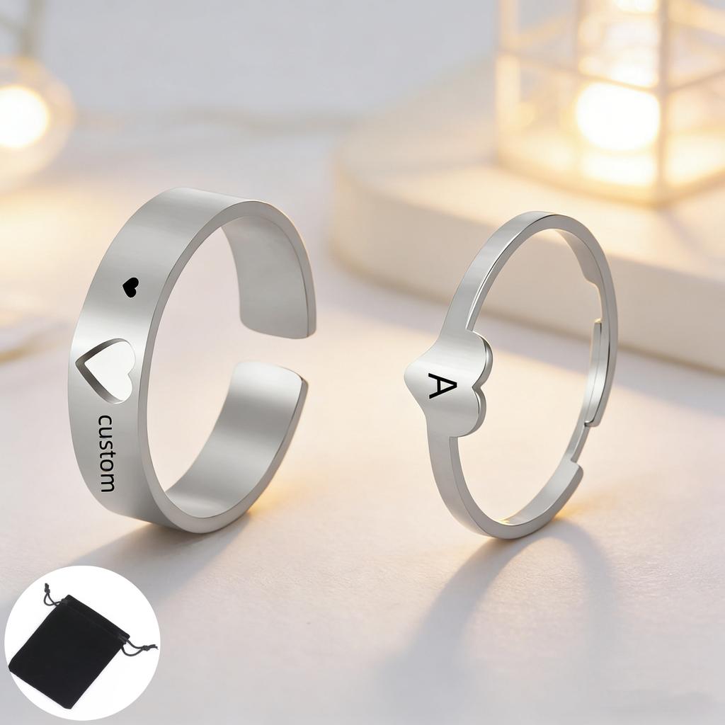 Customized Name Letter Heart Shaped Couple Ring Stainless Steel Simple Love Open Adjustable Ring Fashion Couple Gift