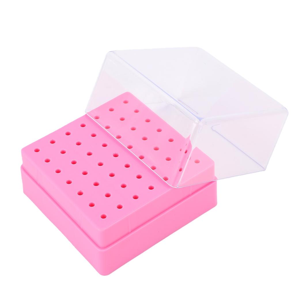 49 Holes Nail Drill Bit Holder Display Case with Transparent Cover Nail Drill Bits Storage Box Pink
