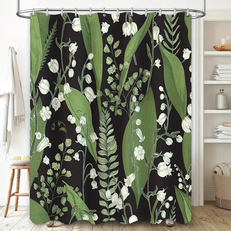 GAEWhite Lily Flowers Green Leaf Shower Curtain Bathroom Decor Waterproof Print Shower Cloth Fabric Bath Mat 72x84 inches (183
