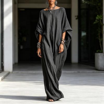 Women's Cotton Linen Maxi Dress Casual Batwing 3/4 Sleeve Loose A-Line Long Dress Summer Vacation Beach Sundress with Pockets