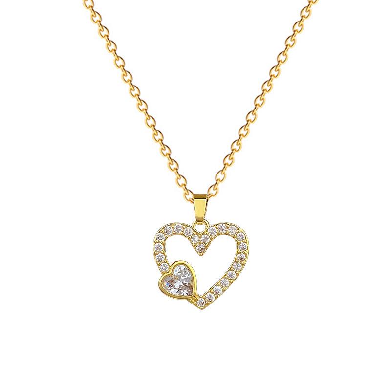 Full Diamond Peach Heart Love Fashion Light Luxury Temperament Gorgeous Full Diamond Necklace Female Versatile Collarbone Chain Titanium Steel