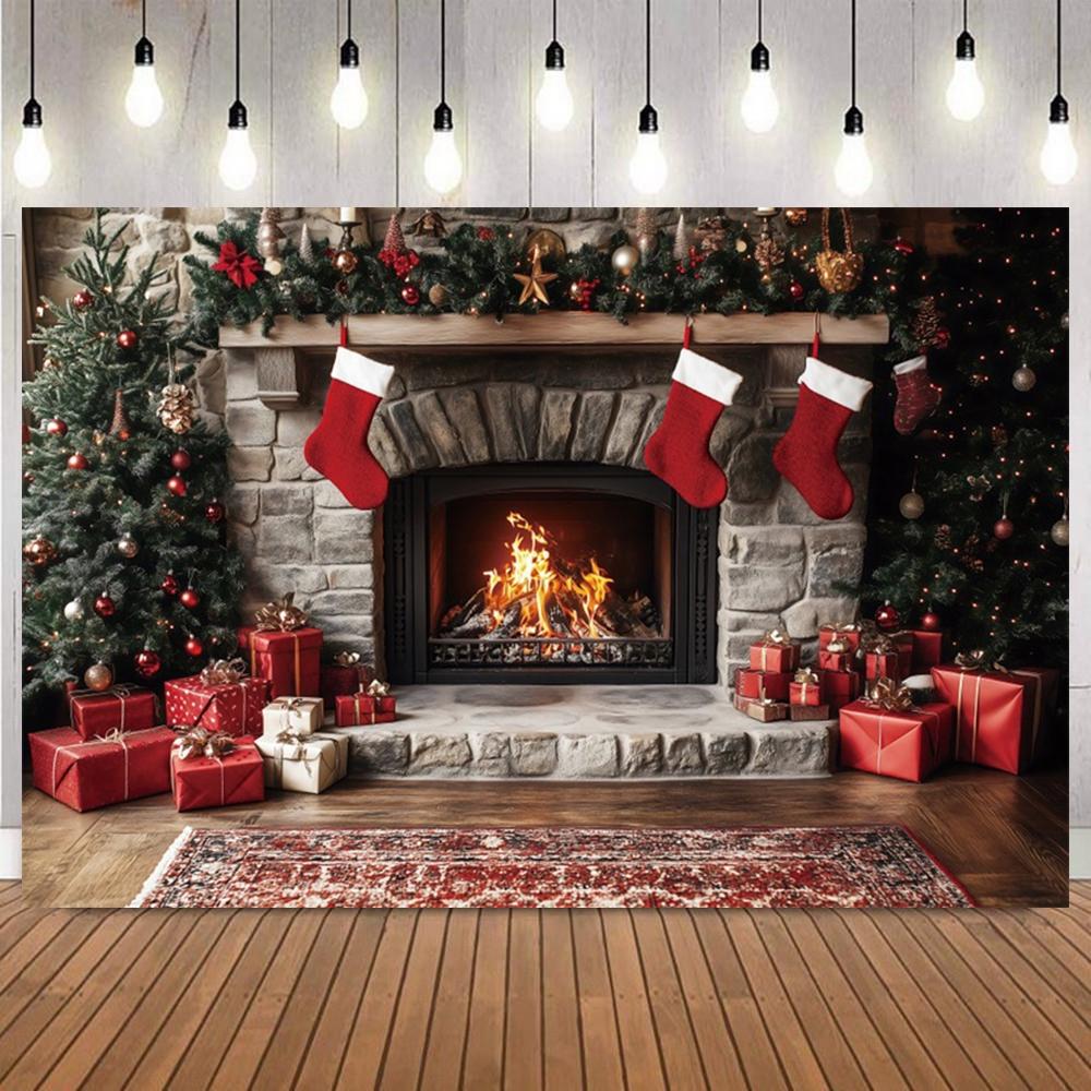 Christmas Indoor Photography Background Fireplace Gifts Socks Xmas Tree Interior Party Birthday Home Decor Photo Backdrop Studio13