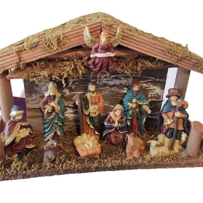 European Christmas Nativity Large Wooden Cottage Ornament Set For Table Centerpiece And Mantel Holiday Gift