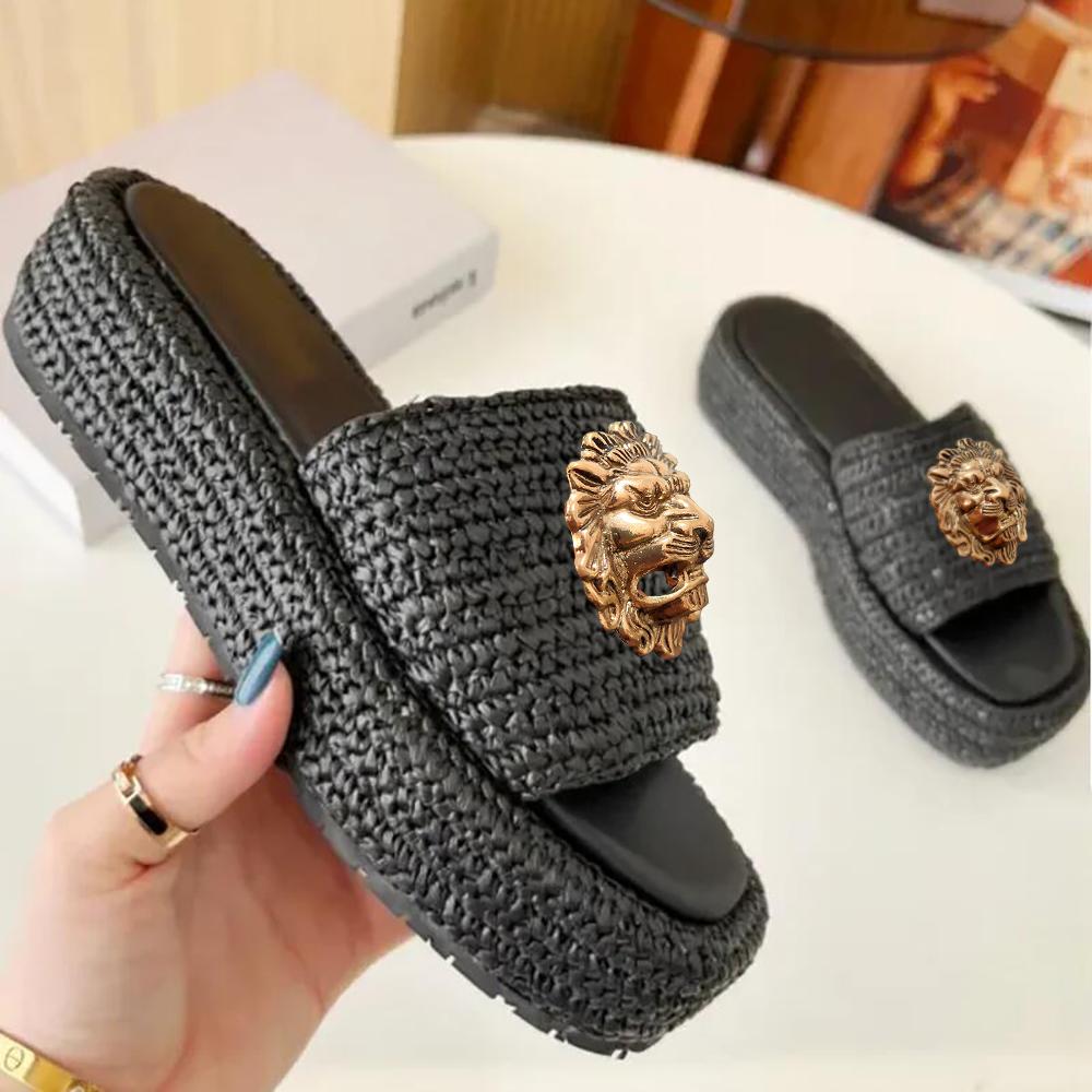 Fashion Handmade Knitted Thick Bottom Slippers Women's Casual Fashionable Outerwear Rubber Outsole 2025 Summer Best Seller Slippers34-42