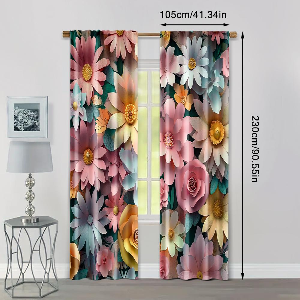 2pcs, Curtains&Drapes 2D Print Beautiful Purple and Pink Flowers Fabric (without Rod) Thermal Insulation, and Room Darkening