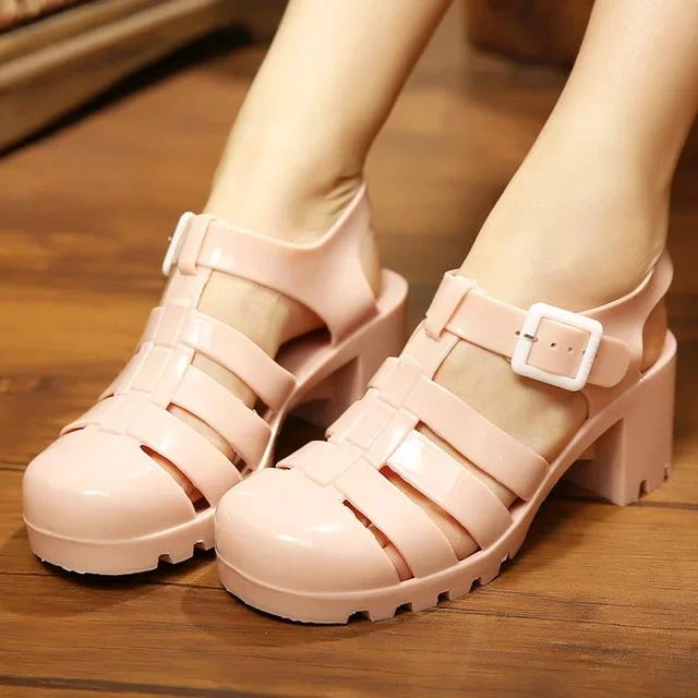 2025 Summer Women Casual Jelly Shoes Heel Women Square High Heels Transparent Platform Sandal Lady Bling Silver Sandals