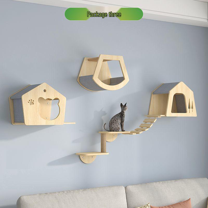 Wall-Mounted Solid Wood Cat Climbing Frame with Bed, Jumping Platform, and Scratching Post