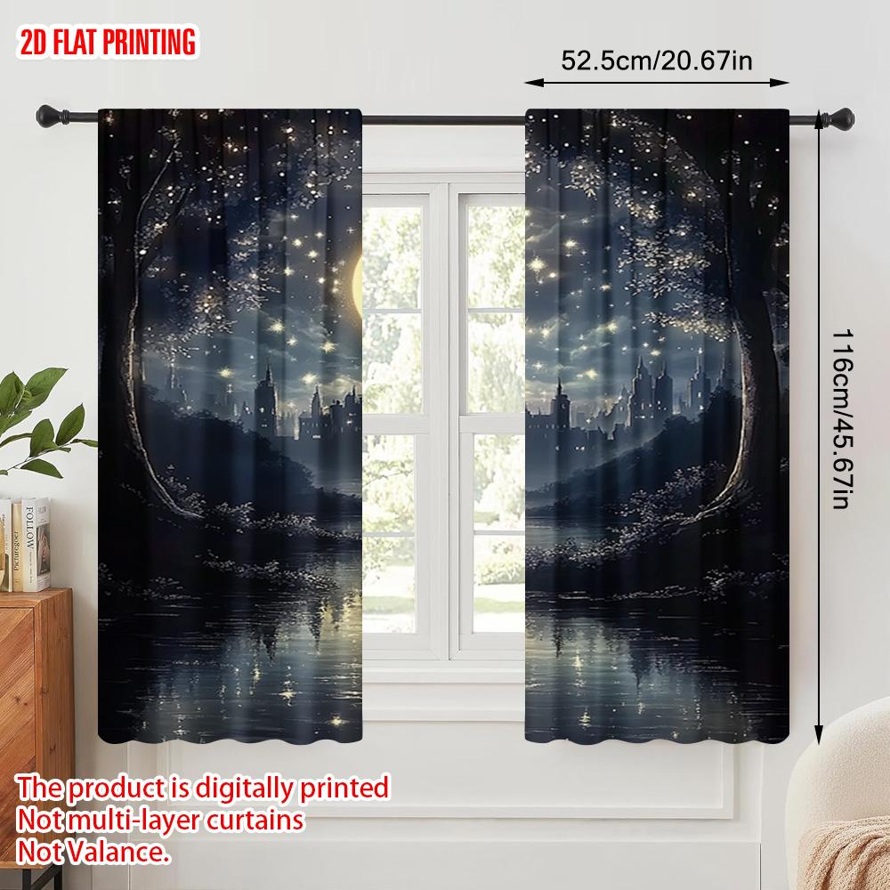 2pcs  2D Plane Printing Curtains&Window Treatment Starry Night Sky Durable 100% Polyester Fabric (without Rod) Festive for Living