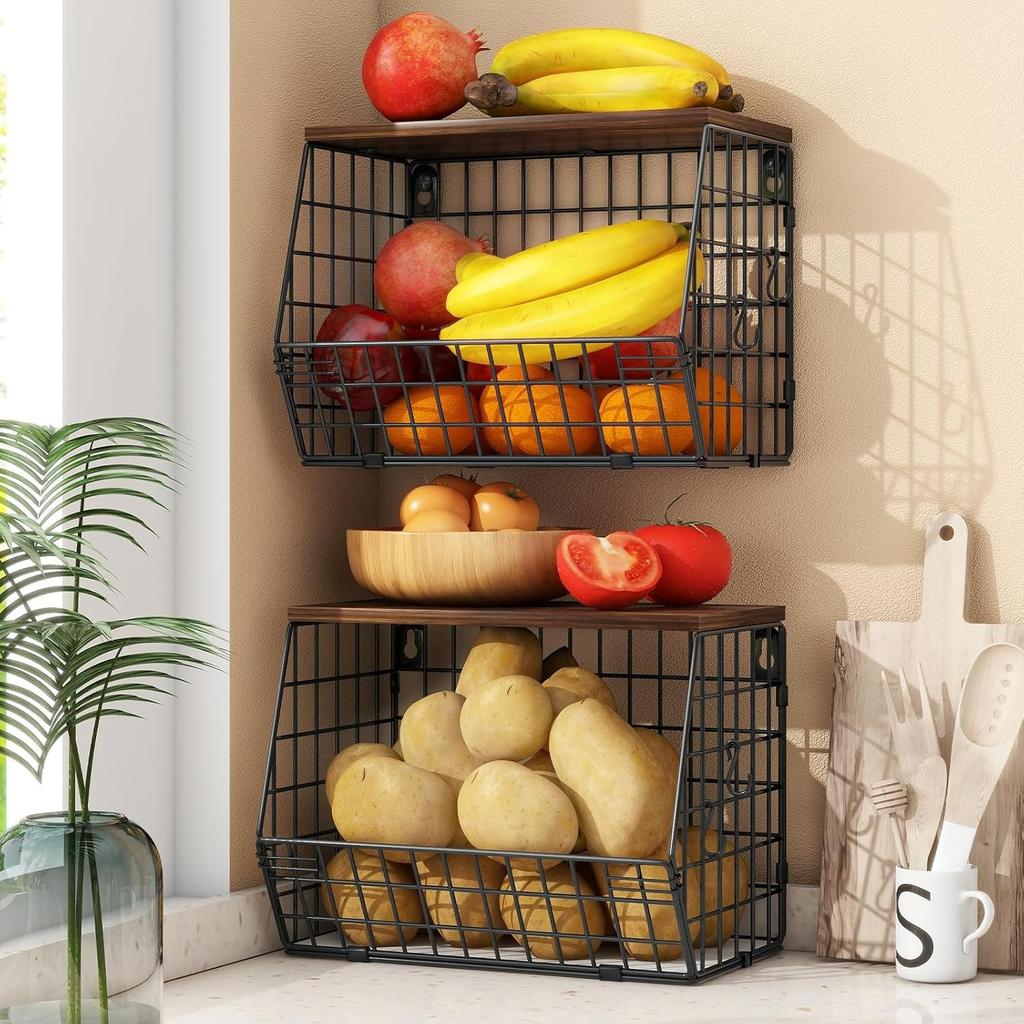 Fruit Basket, 2 Tier Fruit Basket, 2pcs Kitchen Organizer Basket with Wooden Lid Stackable and Wall Mountable Basket for Snacks and Vegetables Storage