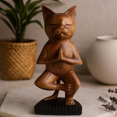 Yoga Cat Figurine Handcarved One Leg
