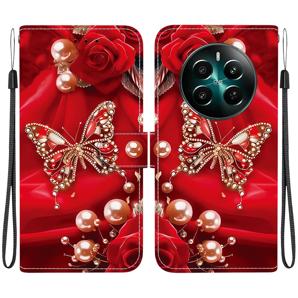 Handmade PU Leather Flip Case for Realme 12+ /Realme 12 Plus Anti-Slip Shockproof Cover with Wrist Strap & Heart/Rose Cat Designs