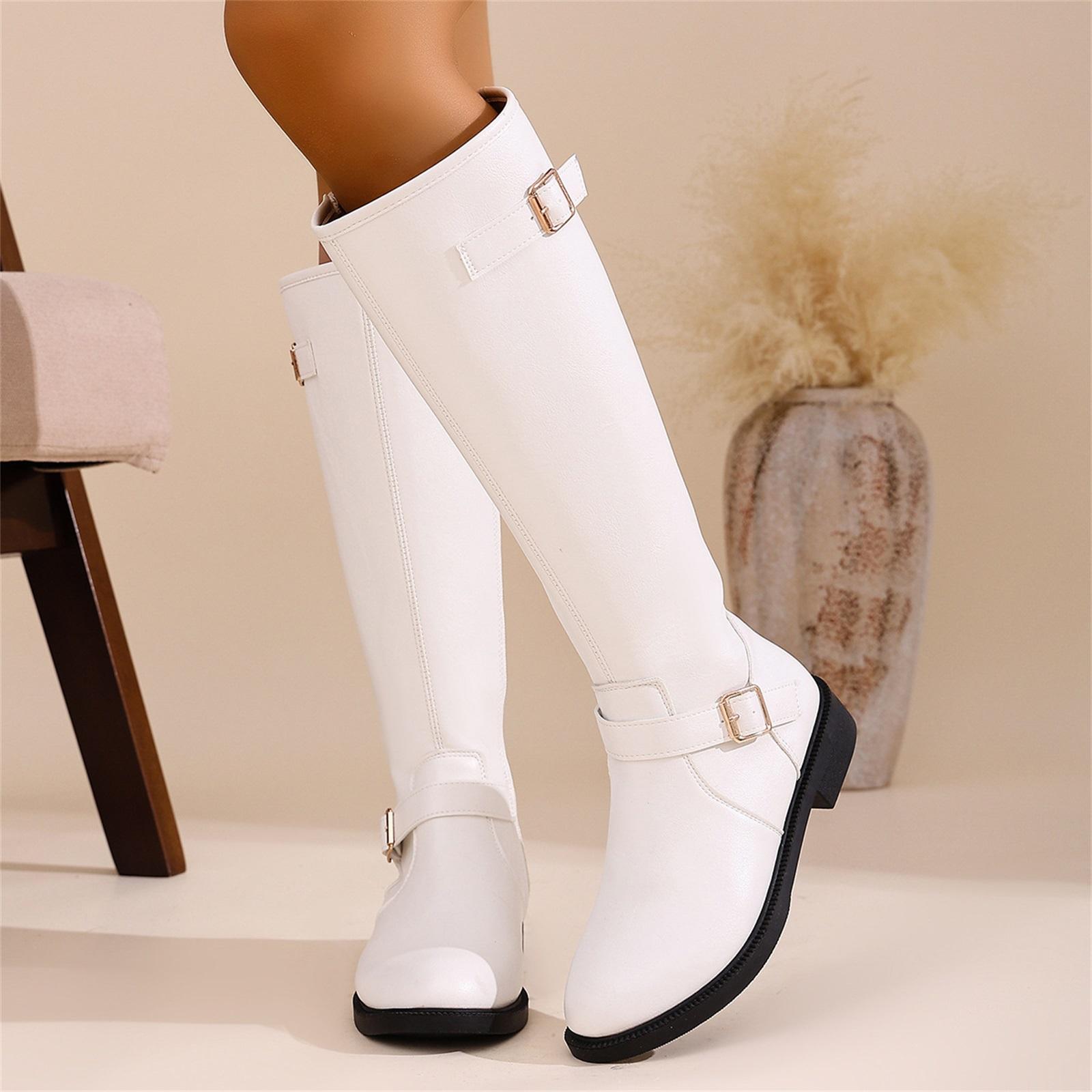Women s Fashion Belt Buckle Round Toe Oversized Long Boots 36