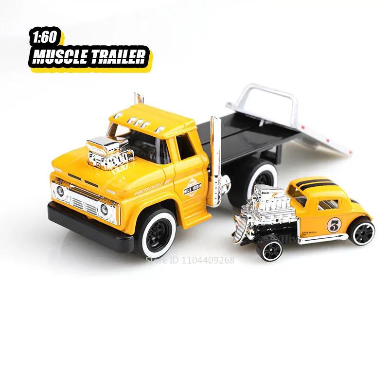 Scale 1:60 American Muscle Trailer Model Toy Car Sound Light Alloy Diecast Pull Back Flatcar Models Birthday Gifts for Kids