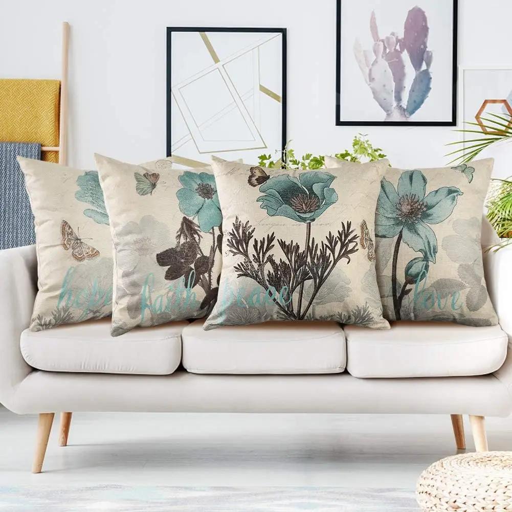 4PC Linen Cushion Cover for Home Decoration, Sofa, Bedroom, Car Pillow Cover (blue Flower, 40x 40)