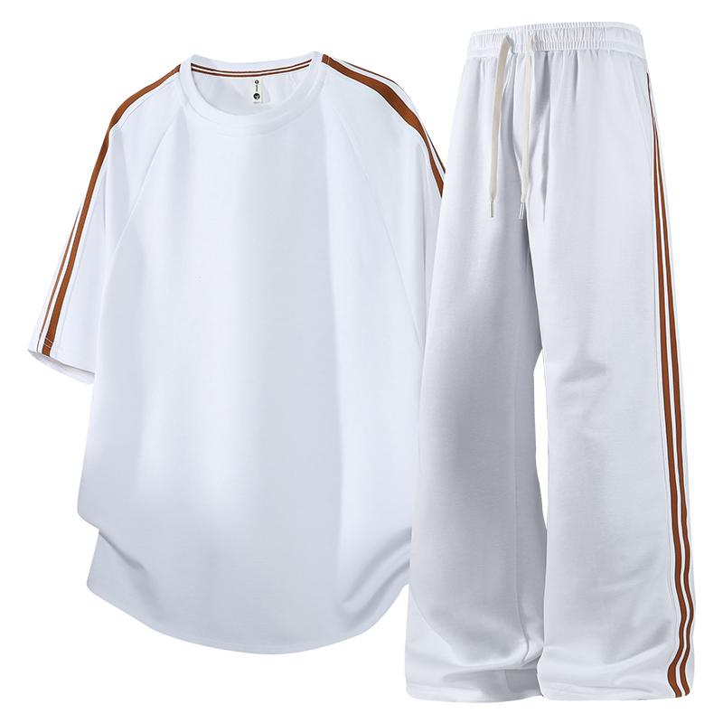 

Breathable Sports Suit Round Neck T-shirt Trousers Two-piece Striped Fashion Short-sleeved Casual Suit For Men 3XL білий