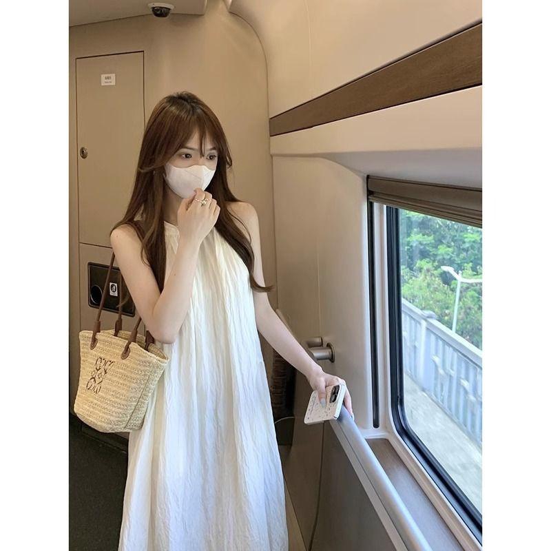 Summer Girl A Line Dress With 3d Pattern Polyester Sleeveless Tie Neck For Casual Wear