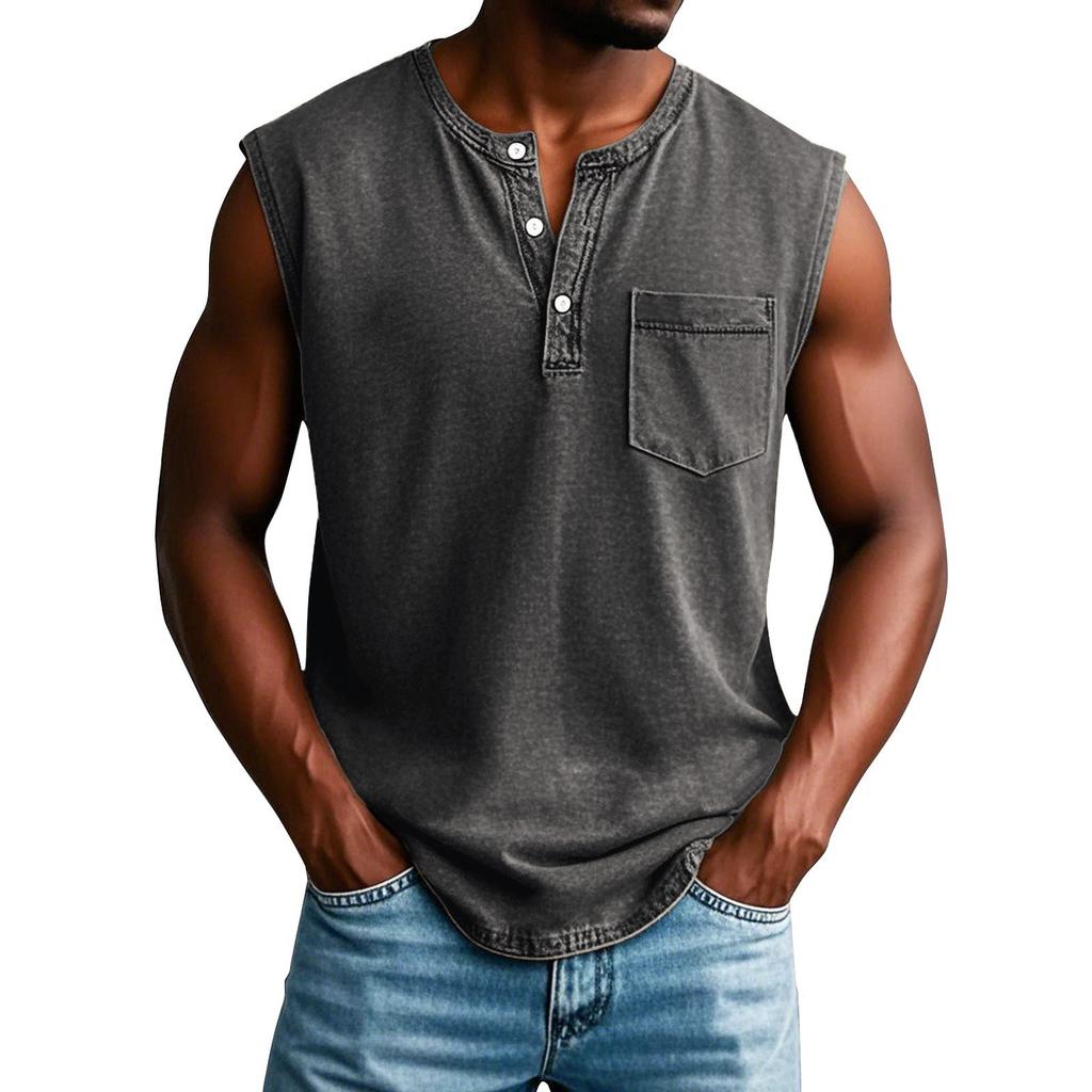Men's Summer Solid Color Pocket Sports Buttons Vest Men's Sports Casual Vest