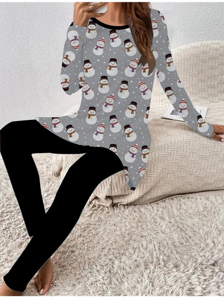 Euroamerická móda 3D Vánoční potisk Dámské Čtyřsezónní Tričko s dlouhým rukávem + Dlouhé kalhoty Dvoudílný set. Perfektní dárek na Nový rok a Vánoce