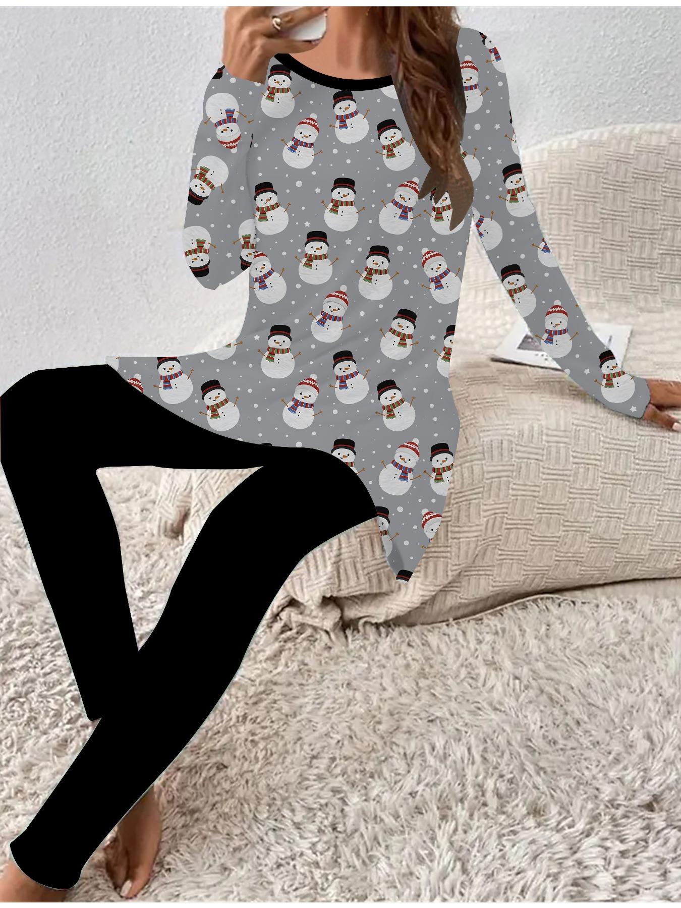 

Евро-американская мода 3D Рождественский принт Женский четырехсезонный комплект из двух предметов: футболка с длинным рукавом + длинные брюки. Идеальный подарок на Новый год и Рождество 8XL серый