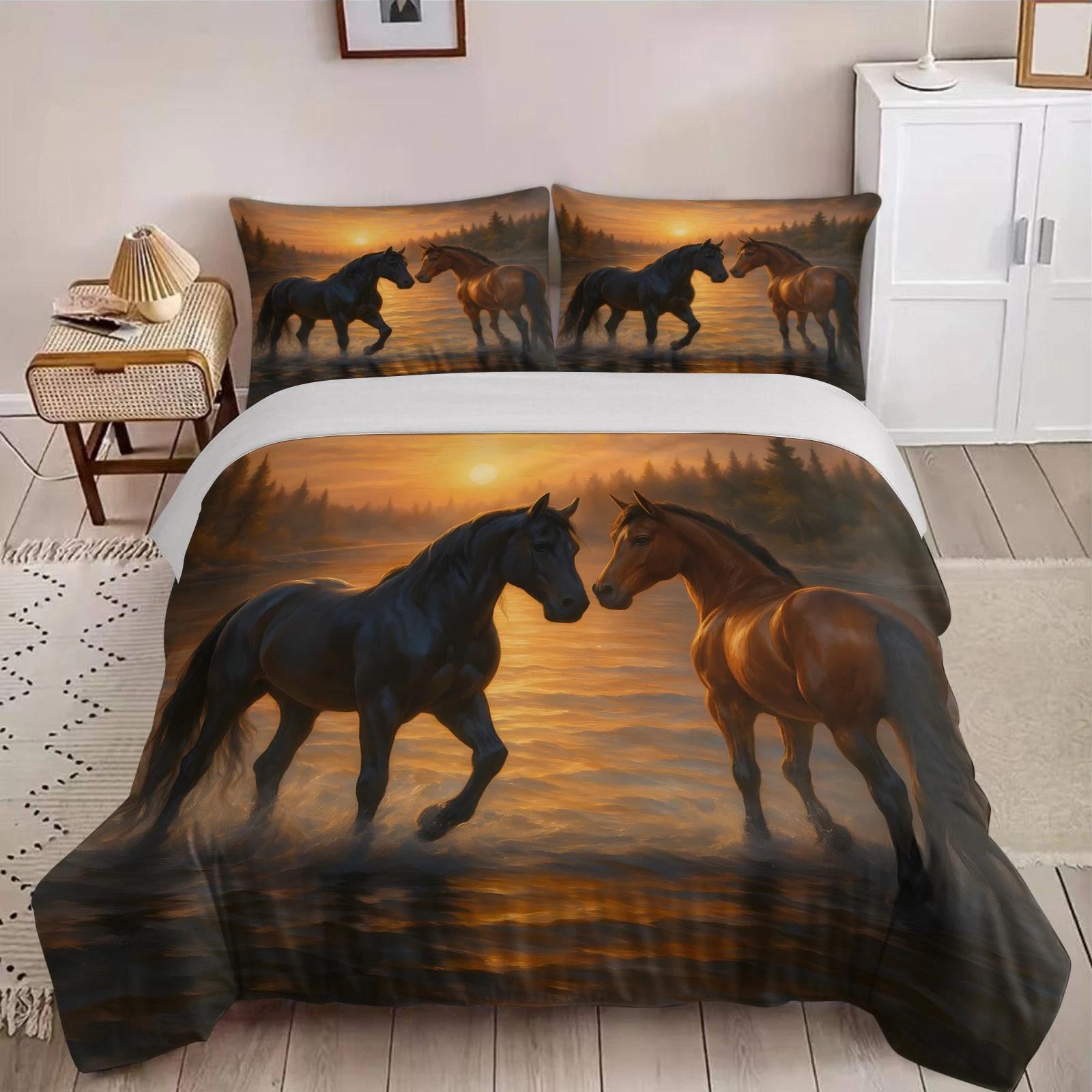 

Sunset Horse Couple Bedding Set, River Landscape Duvet Cover Set, Equestrian Home Textile, Perfect Gift for Horse Lovers Baby 100x135cm