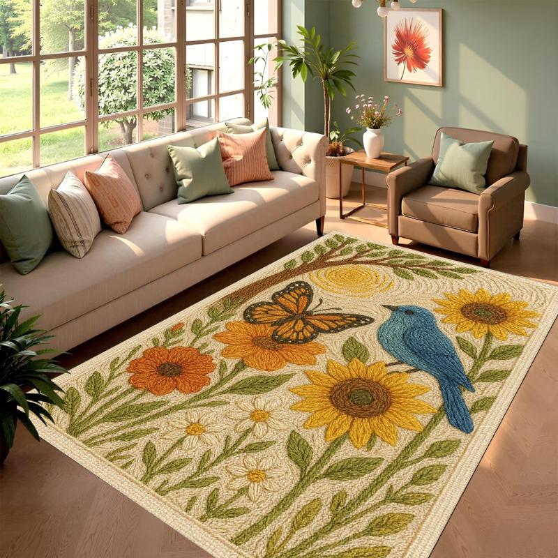 Sunflower Floral Faux Weave Area Rug Natural Garden Home Decor Carpet Living Room Bedroom Soft Non-slip Floor Protection Mat