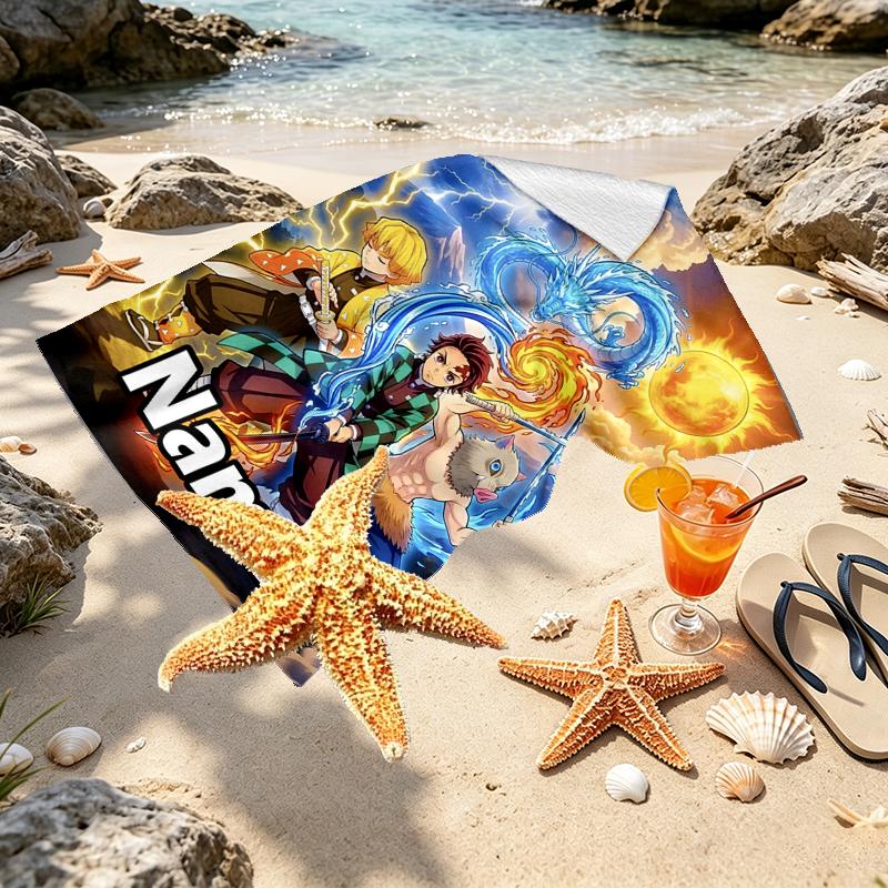 Custom Name Personalized Demon Slayer Print Beach Towel, for Trip Camping Beach Party Home Decor, Birthday Gift for Family & Friends