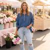 Women's Casual Half Zip Denim Shirt Loose Fit Long Sleeve Top