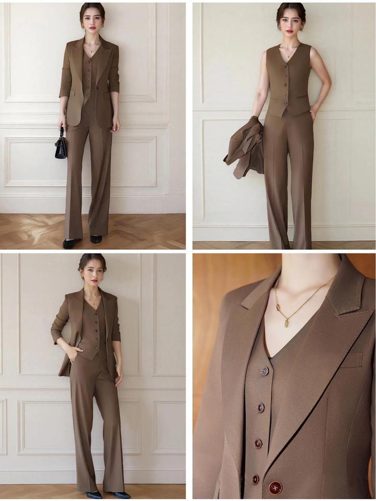 Women's Dark Brown Lyocell Blazer with Wide-Leg Pants Three-Piece Business Set