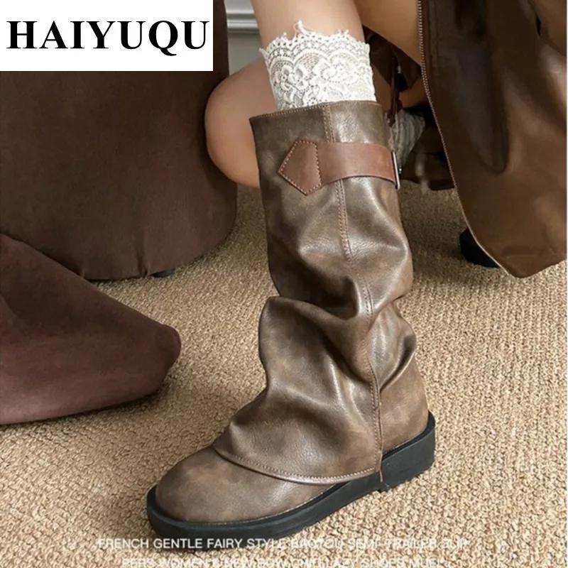 Ploché Platforma Dámské Kozačky do Poloviny Lýtka Robustní Podpatky Kožené Goth Boty Trend Zimní Dámské Teplé Kotníkové Sněhule Mujer Zapatos