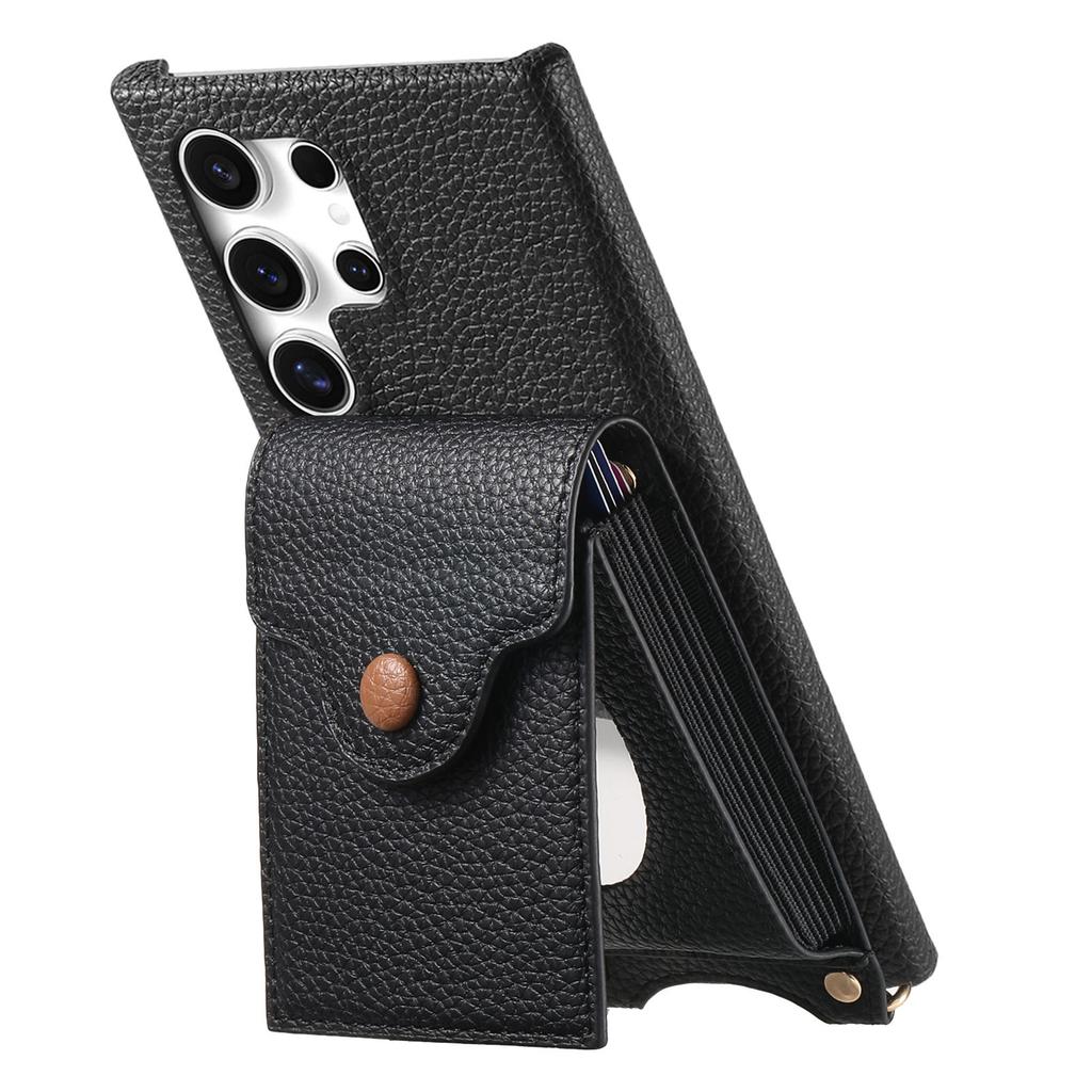 For Samsung Galaxy S25 Ultra Case Mirror Card Holder Litchi Texture Leather Phone Back Cover with Long Strap