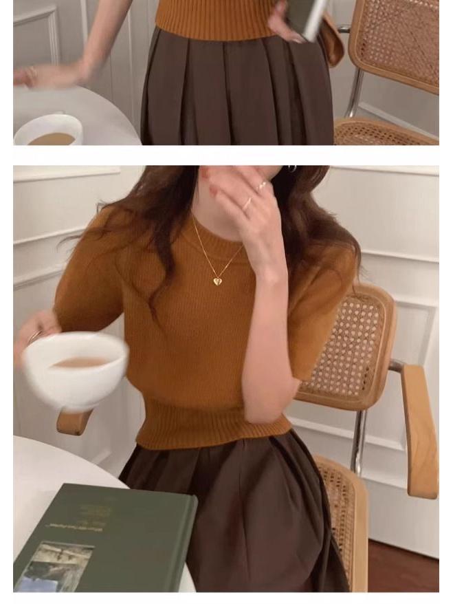 Women's High-End Soft Gray Knitwear: Bubble Sleeve Fitted Round Neck Short Sleeve Sweater for Autumn/Spring