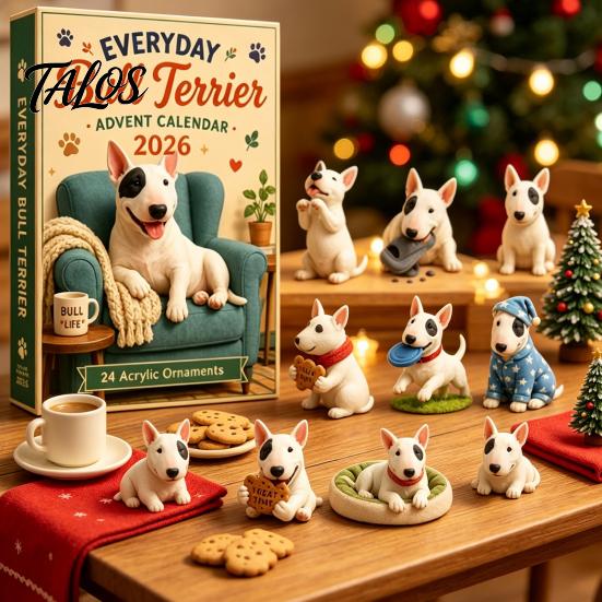 Calza della Befana Stuffers Quotidiani Bull Terrier Calendario dell'Avvento 2026, Conto alla Rovescia di 24 Giorni con Figure Natalizie da Collezione Ornamenti Acrilici, Decorativi
