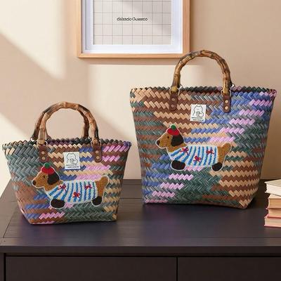 Dachshund Puppy Woven Handbag with Bamboo Handle Vintage Beach Bag