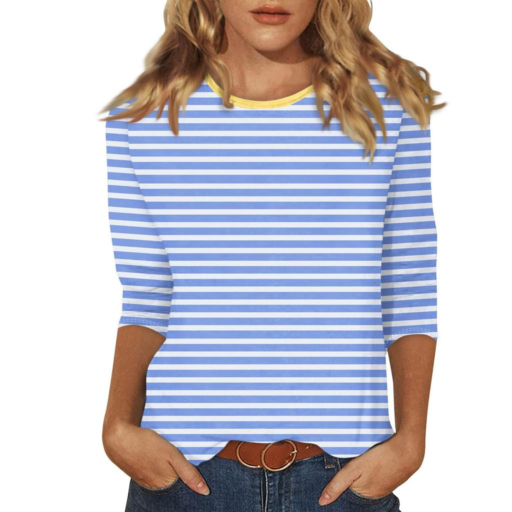 2026 Spring/Summer New Women's Fashion Printed Three-Quarter Sleeve Loose Round Neck Casual T-Shirt Top